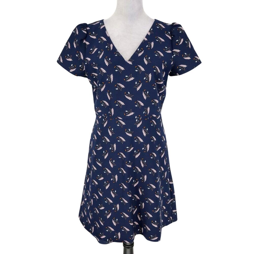 Loft Dress Womens 4 Navy Blue Pink Floral Zip Lined Short Stretch Fit n Flare